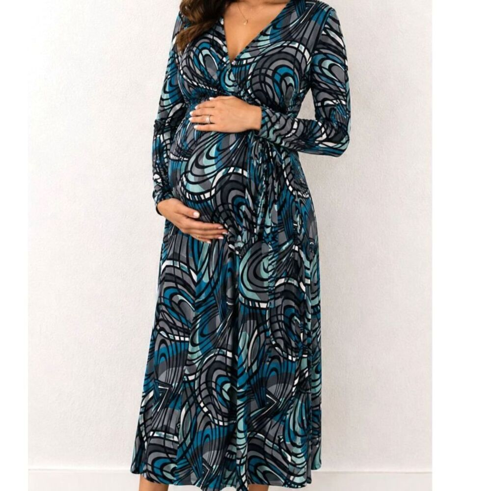 Liz Lange Maternity Wrap Maxi Dress Large Blue Geometric Abstract Print